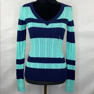 NWT Arizona Jean Co Navy & Mint Striped Cable Knit V-Neck Long Sleeve Sweater